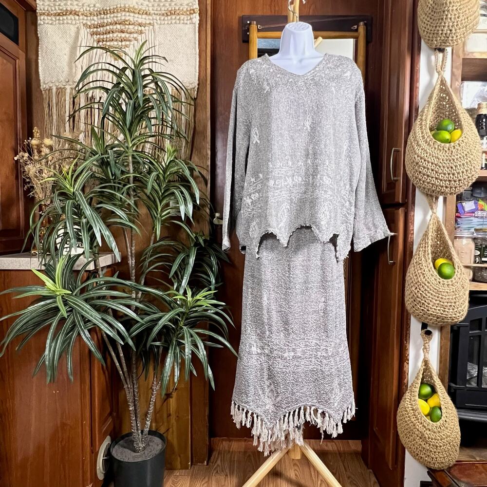 Vintage Gray Embroidered Skirt Set XL | USA Made Textured Boho Resort Co-Ord